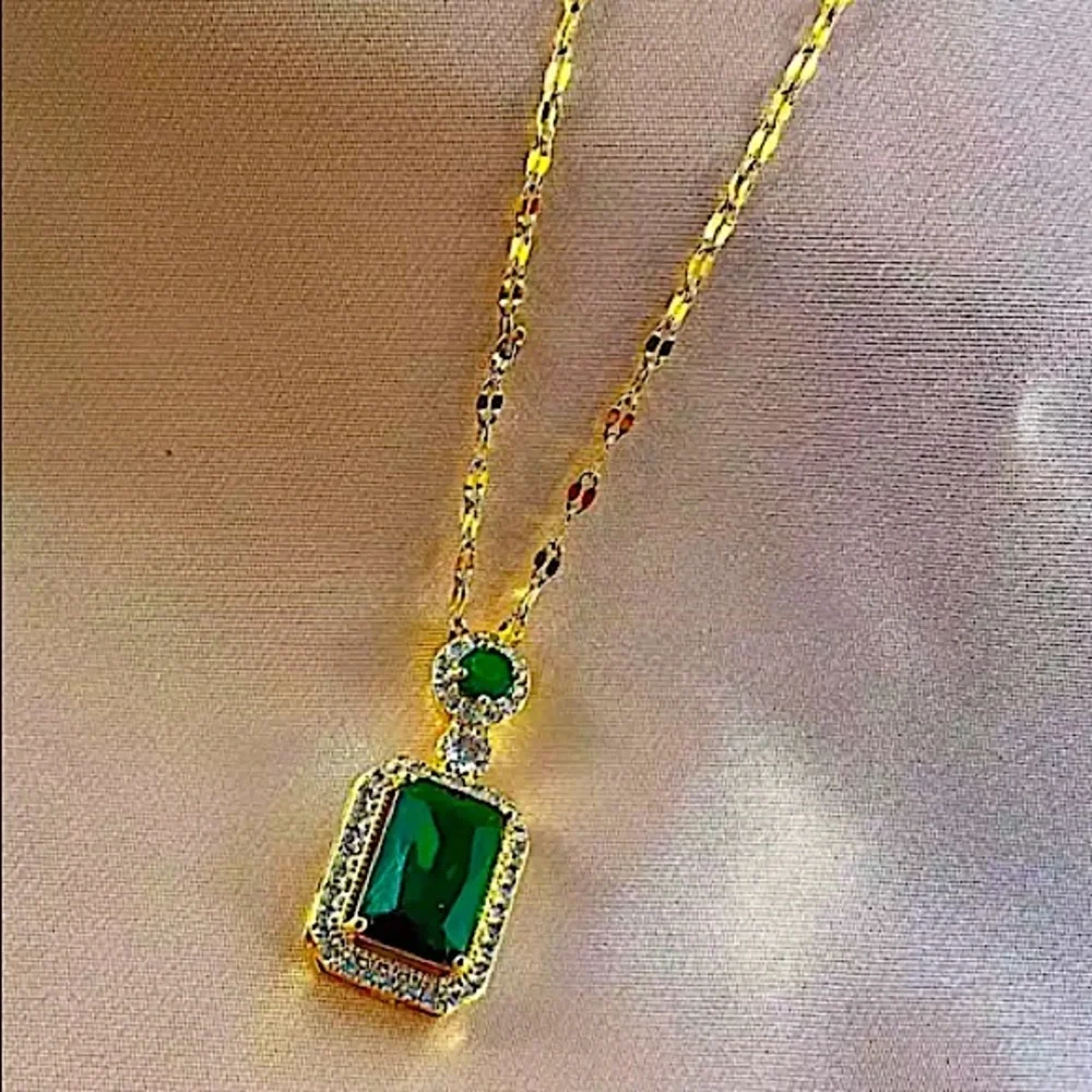 Emerald Gold Plated Zircon Charm Pendant Necklace Matching Earrings Set